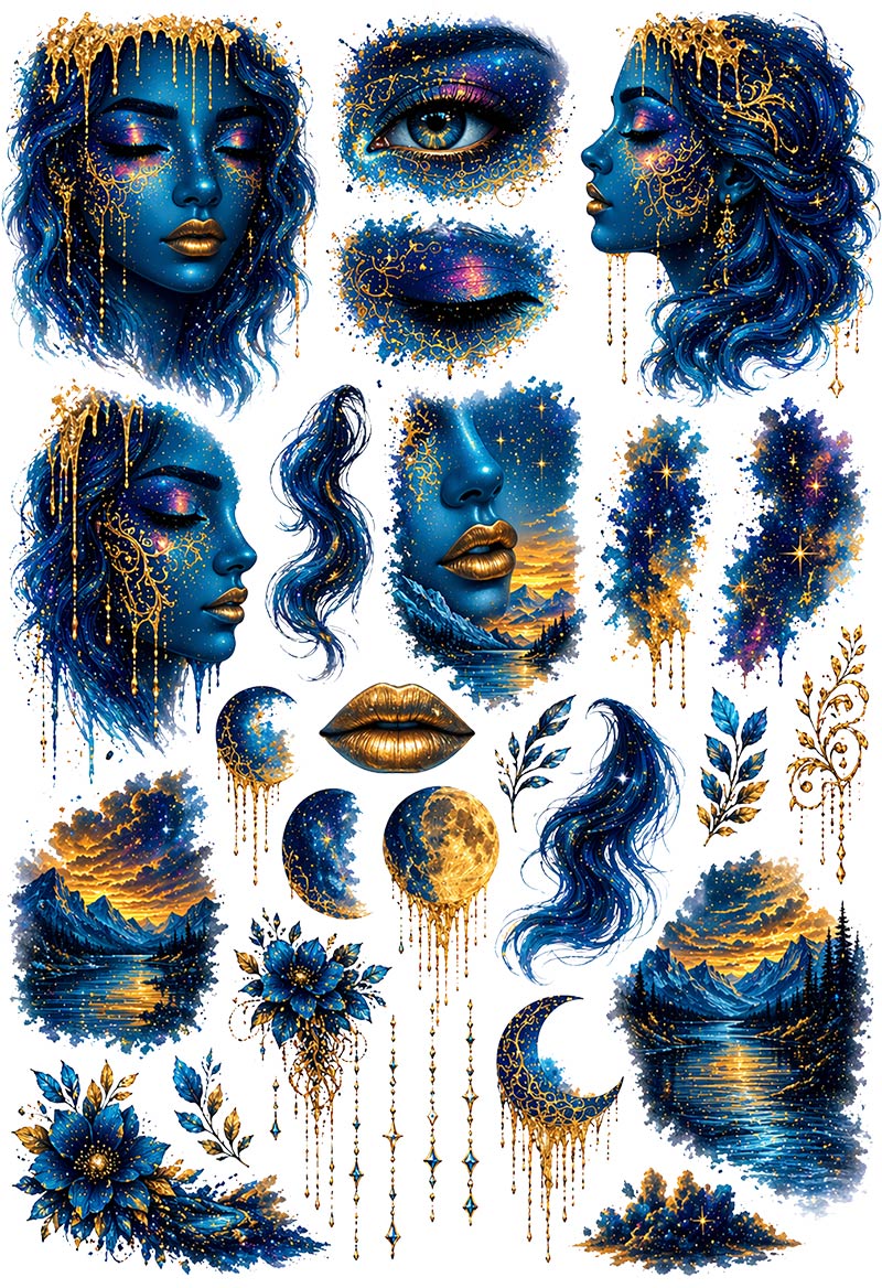 UVDTF 9.5 x 14 Element Sheet Blue Gold Celestial Woman 1005