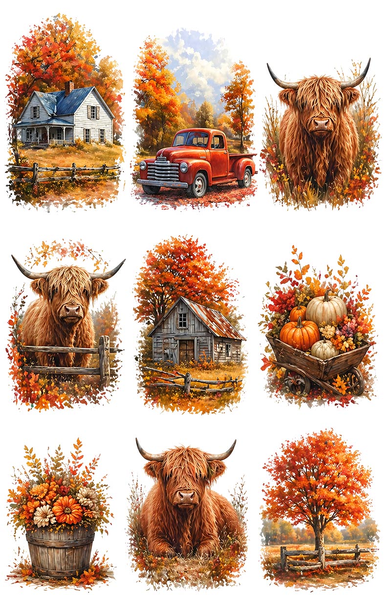 UVDTF 9.5 x 14 Element Sheet Highland Cow Autumn Farm 1014