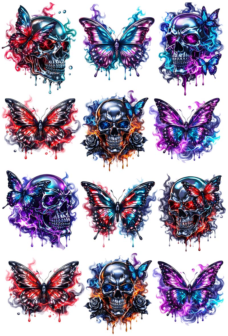 UVDTF 9.5 x 14 Element Sheet Neon Skulls & Butterflies 941