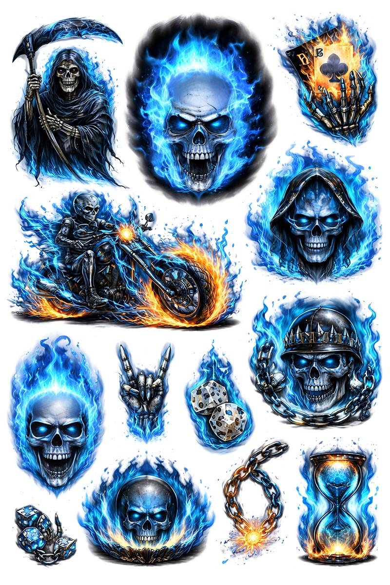 UVDTF 9.5 x 14 Element Sheet Blue Flame Skull & Biker 938