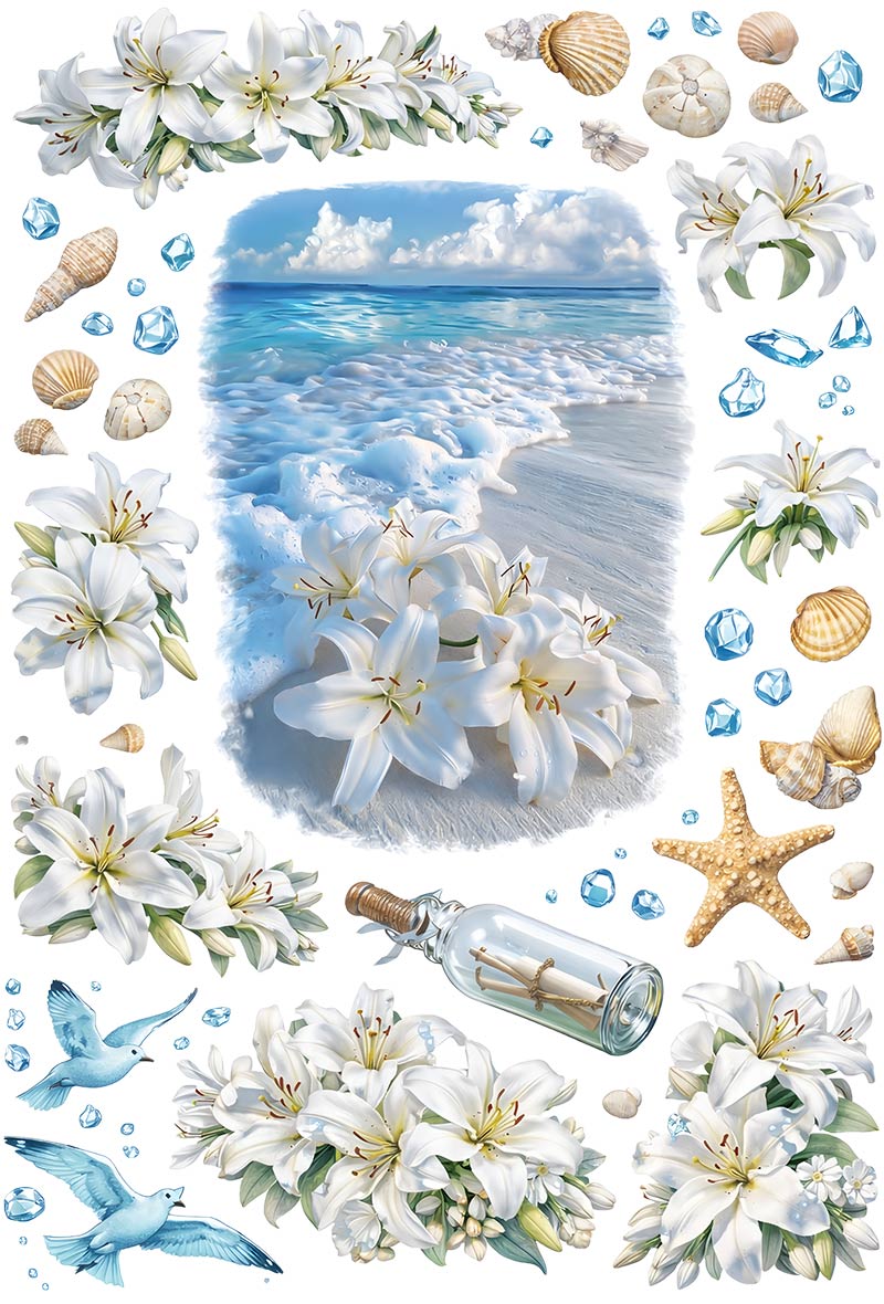 UVDTF 9.5 x 14 Element Sheet Coastal White Lilies & Seashells 931