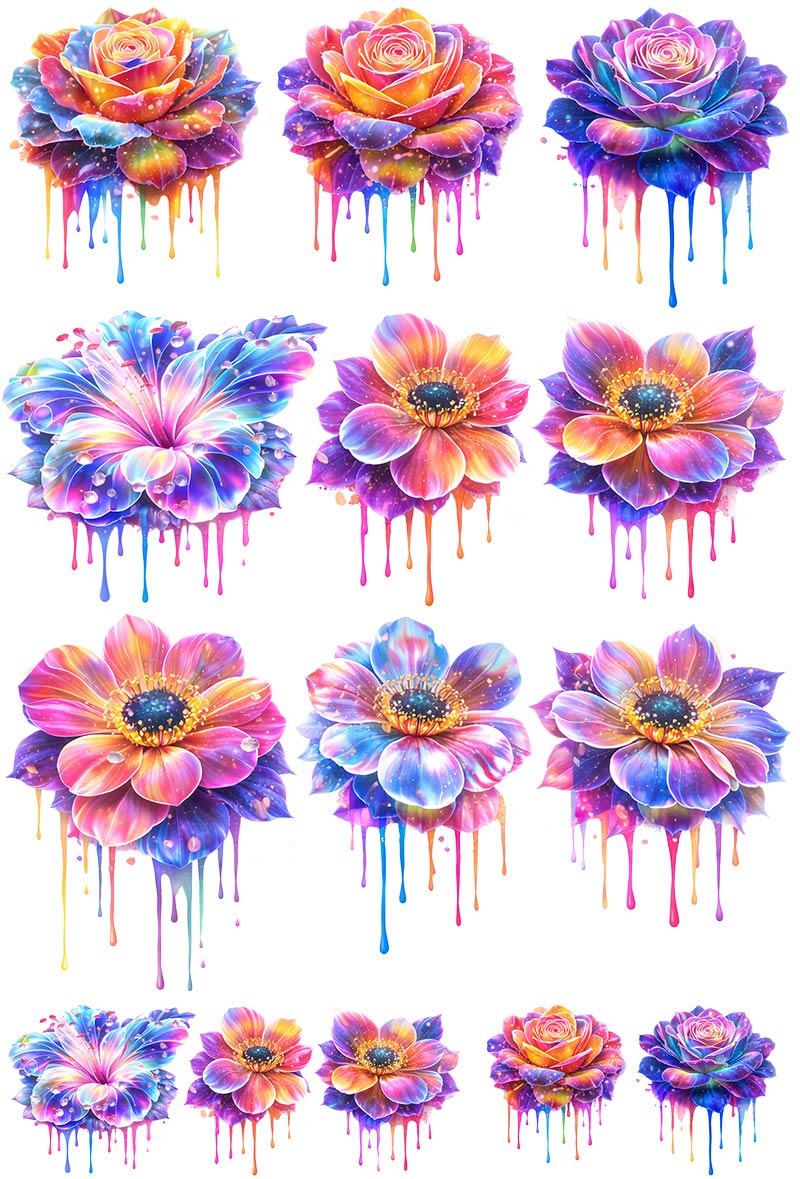 UVDTF 9.5 x 14 Element Sheet Rainbow Drip Flowers 855