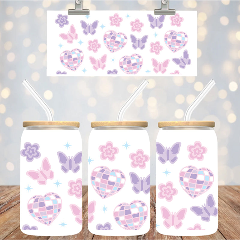 16 oz Uv Dtf Cup Wrap Disco hearts Butterflies Flowers 1209