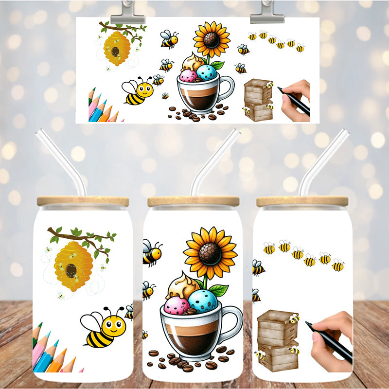 16 oz Uv Dtf Cup Wrap Bees Sunflowers 1047