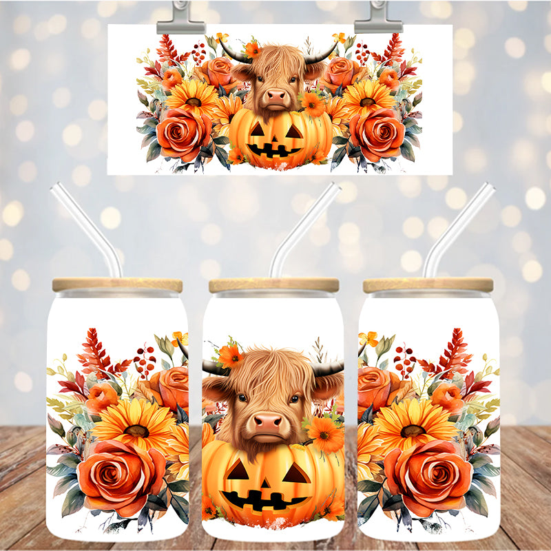 16 oz Uv Dtf Cup Wrap Fall Cow Pumpkin 1147