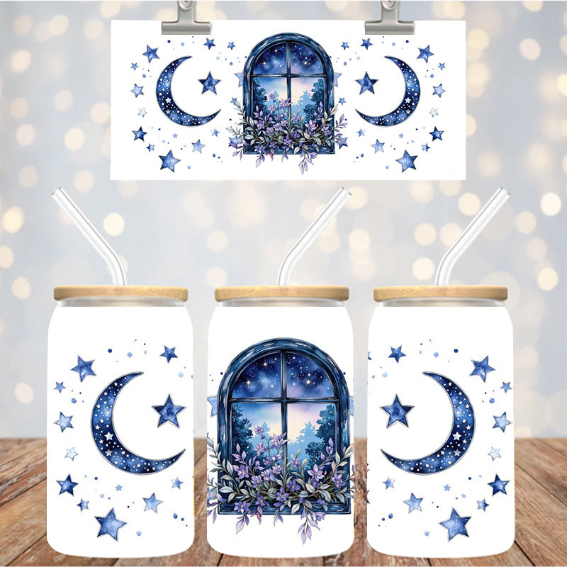 16 oz Uv Dtf Cup Floral Moon Stars 1119