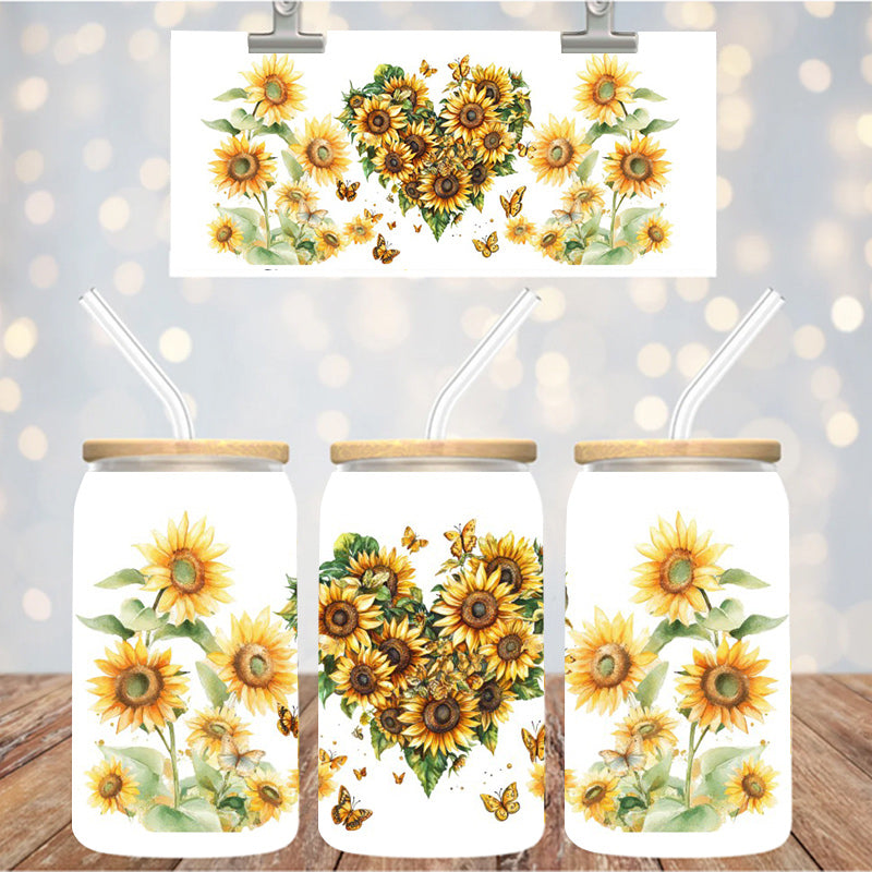 16 oz Uv Dtf Cup Wrap Sunflower Heart Butterflies 1113