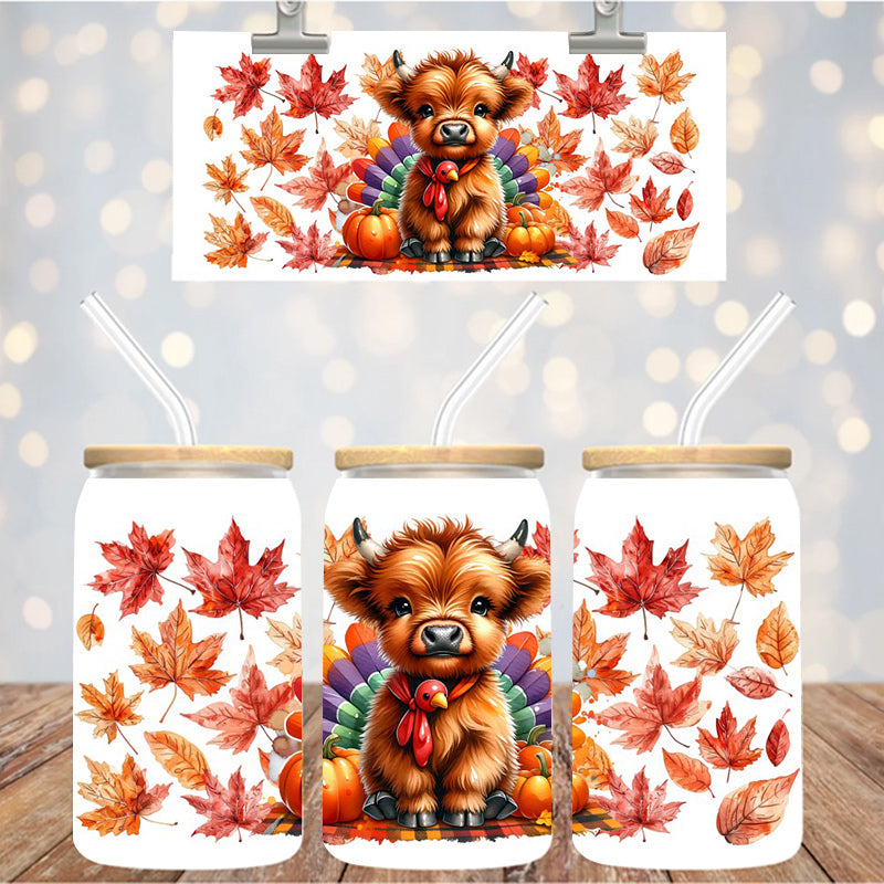 16 oz Uv Dtf Cup Wrap Highland Cow Turkey Fall 1105