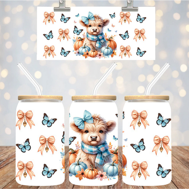 16 oz Uv Dtf Cup Wrap Highland Cow Butterflies Fall 1106