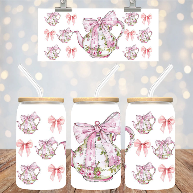 16 oz Uv Dtf Cup Wrap Cute Teapot and bows 1015