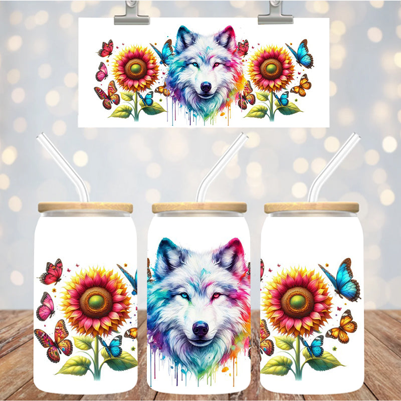 16 oz Uv Dtf Cup Wrap Wolf Sunflowers Drip Design 999