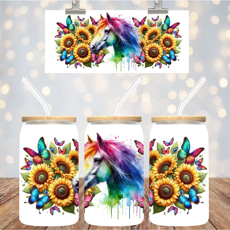 16 oz Uv Dtf Cup Wrap Horse Sunflowers Butterflies 987