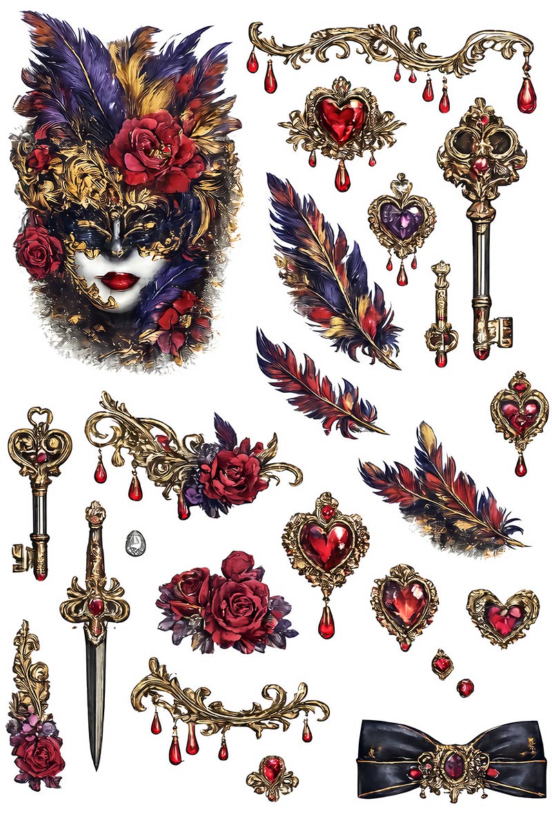 UVDTF 9.5 x 14 Element Sheet Masquerade Jewels & Keys 995