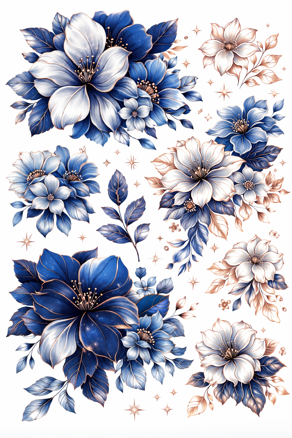 UVDTF 9.5 x 14 Element Sheet Navy White & Rose Gold Florals 861