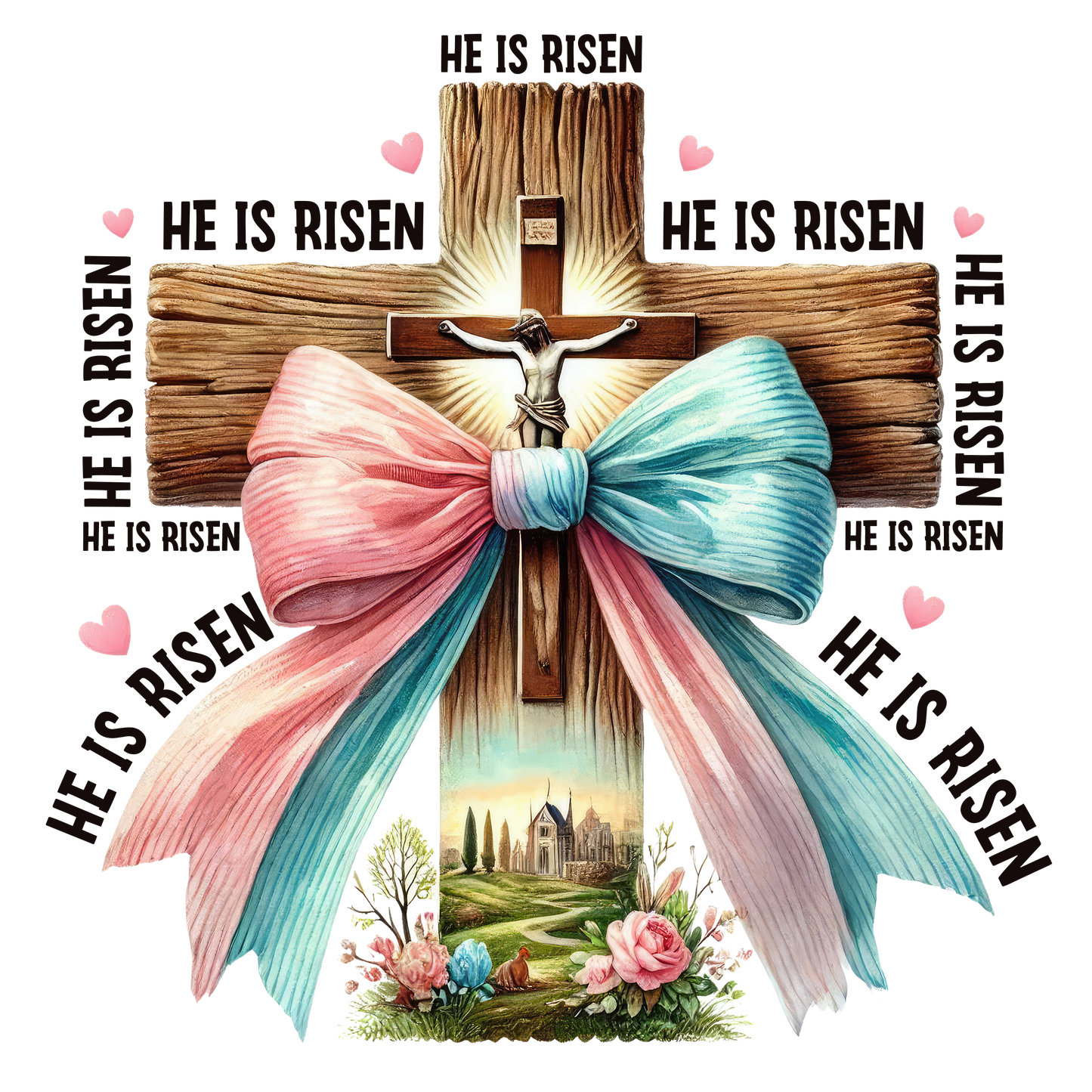 11" DTF Print Ready to Press He Is Risen Easter Cross