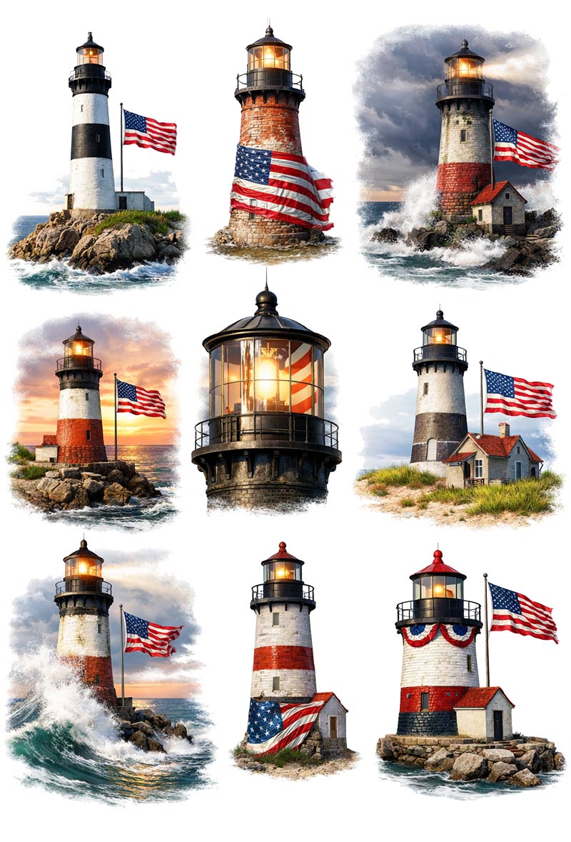 UVDTF 9.5 x 14 Element Sheet Patriotic Lighthouses 1034