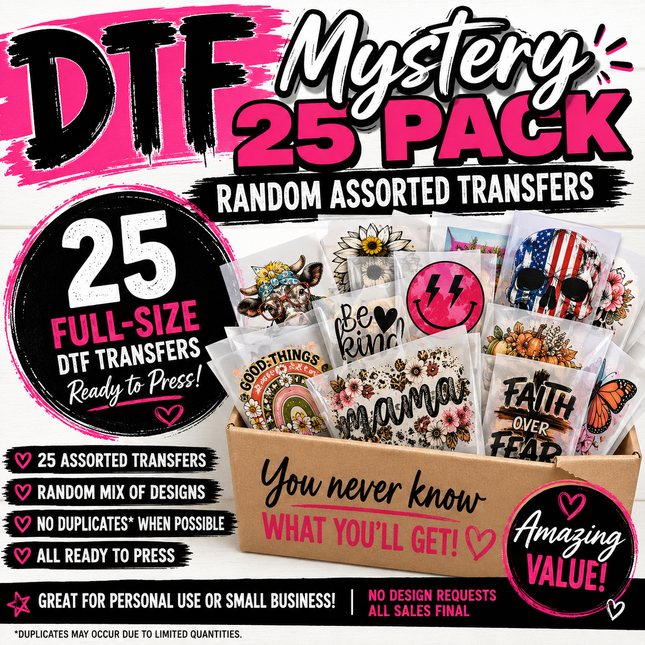 DTF Mystery 25 Pack – 25 Full Size Ready to Press Transfers