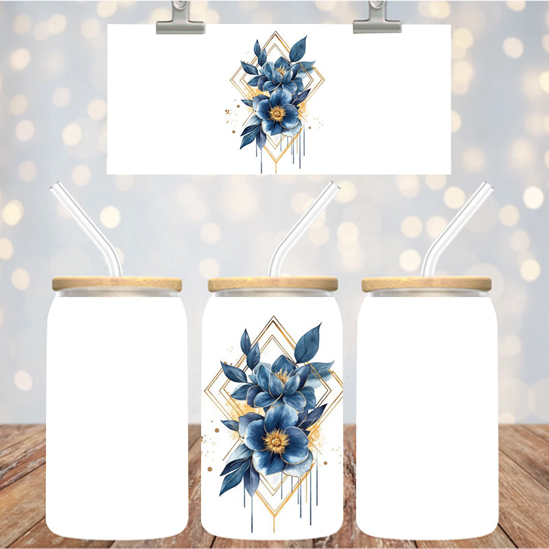 4" Decal Uvdtf Wrap Floral Blue Flower Diamond D146
