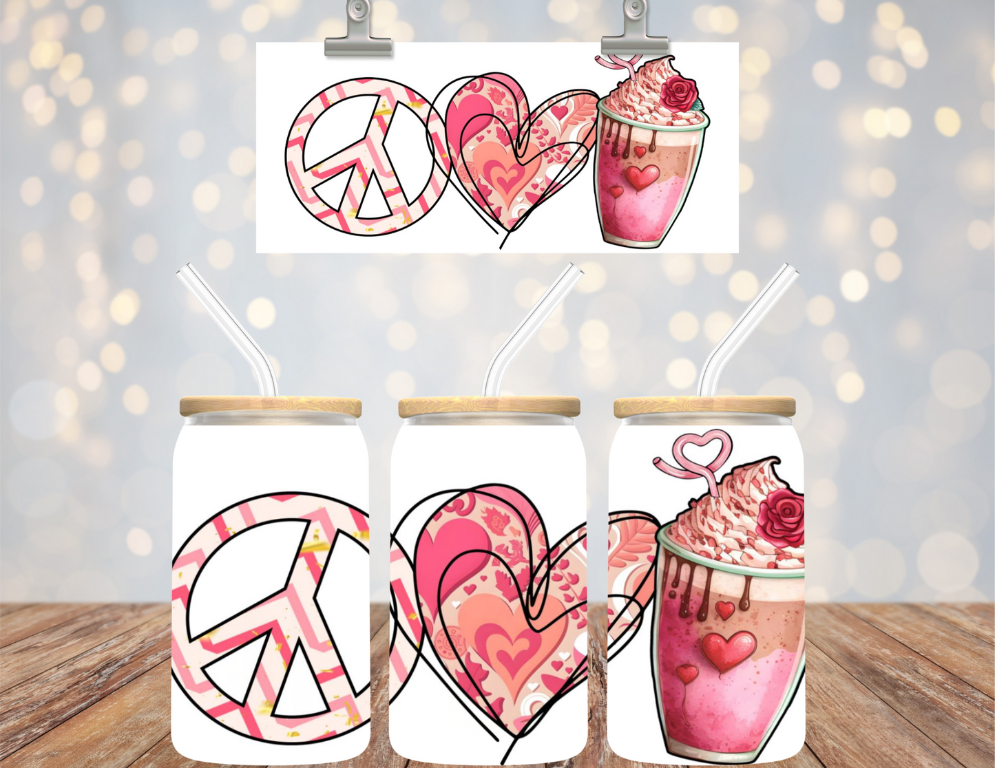 UV DTF 16 oz Cup Wrap Peace Love Coffee 483