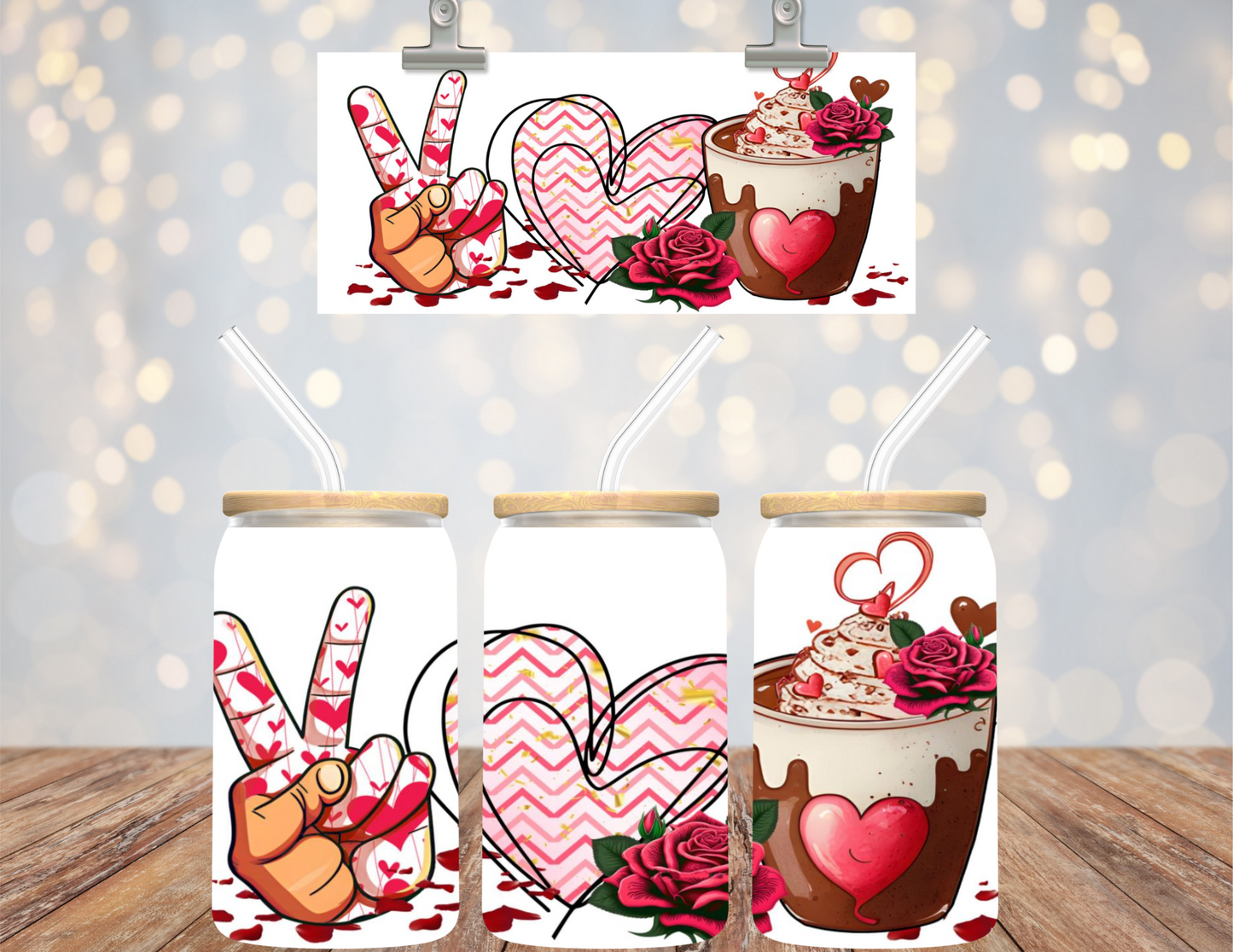 UV DTF 16 oz Cup Wrap Peace Love Coffee Valentine 486