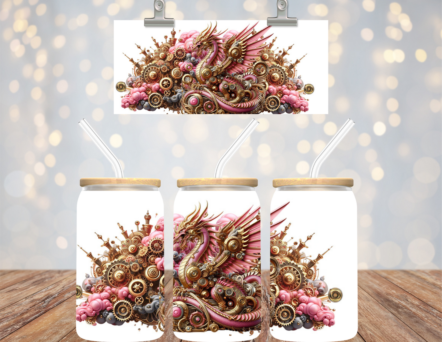 16 oz Uv Dtf Cup Wrap Pink Steampunk Dragon 731