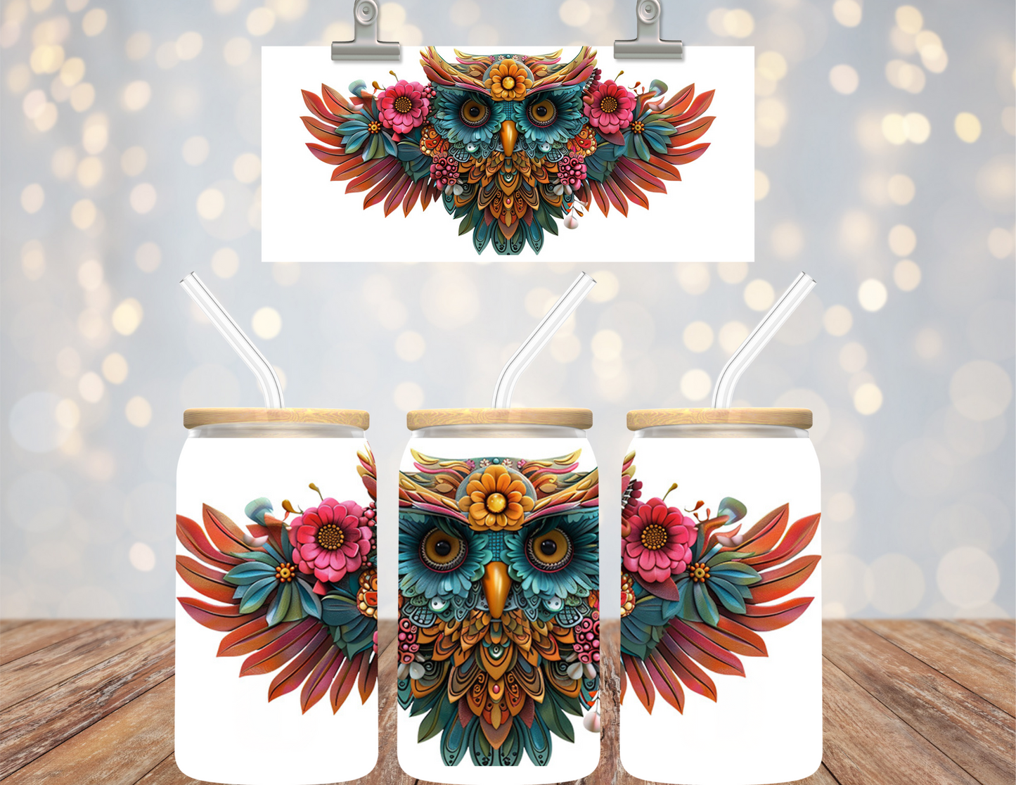 16 oz Uv Dtf Cup Wrap Colorful Owl 750