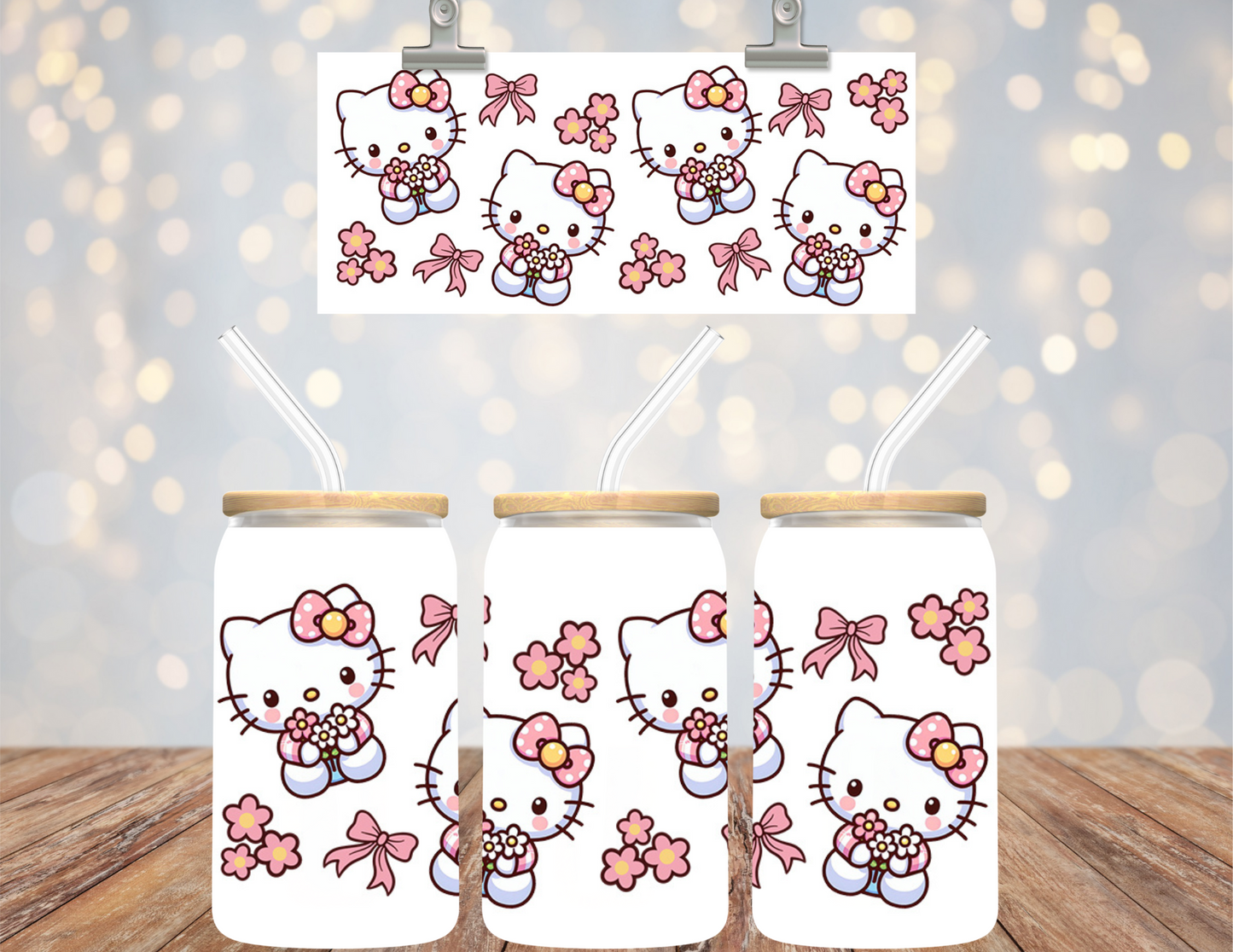 UVDTF 16 oz Cup Wrap Pink Kitty Bows 6140