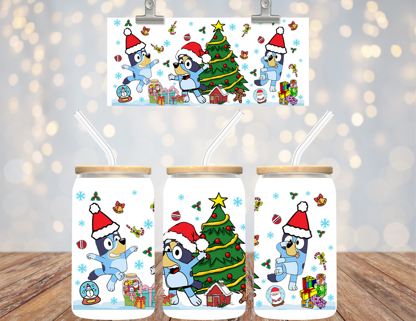 UVDTF 16 oz Cup Wrap Blue Dog Christmas 6139