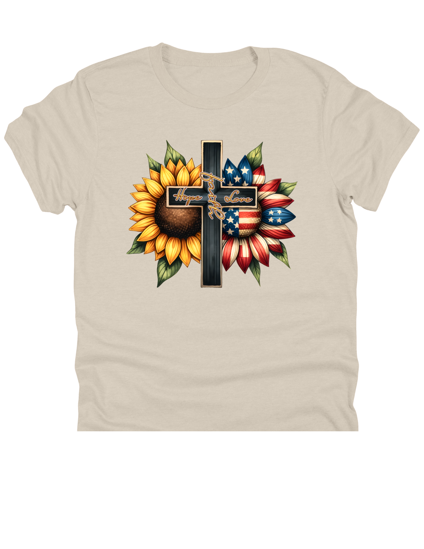 11" DTF Ready to Press - Hope Faith Love Patriotic Sunflower Cross