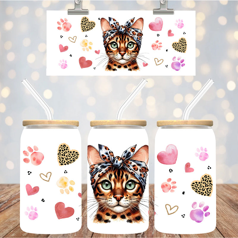16 oz Uv Dtf Cup Wrap Cute Cat Flowers 1318