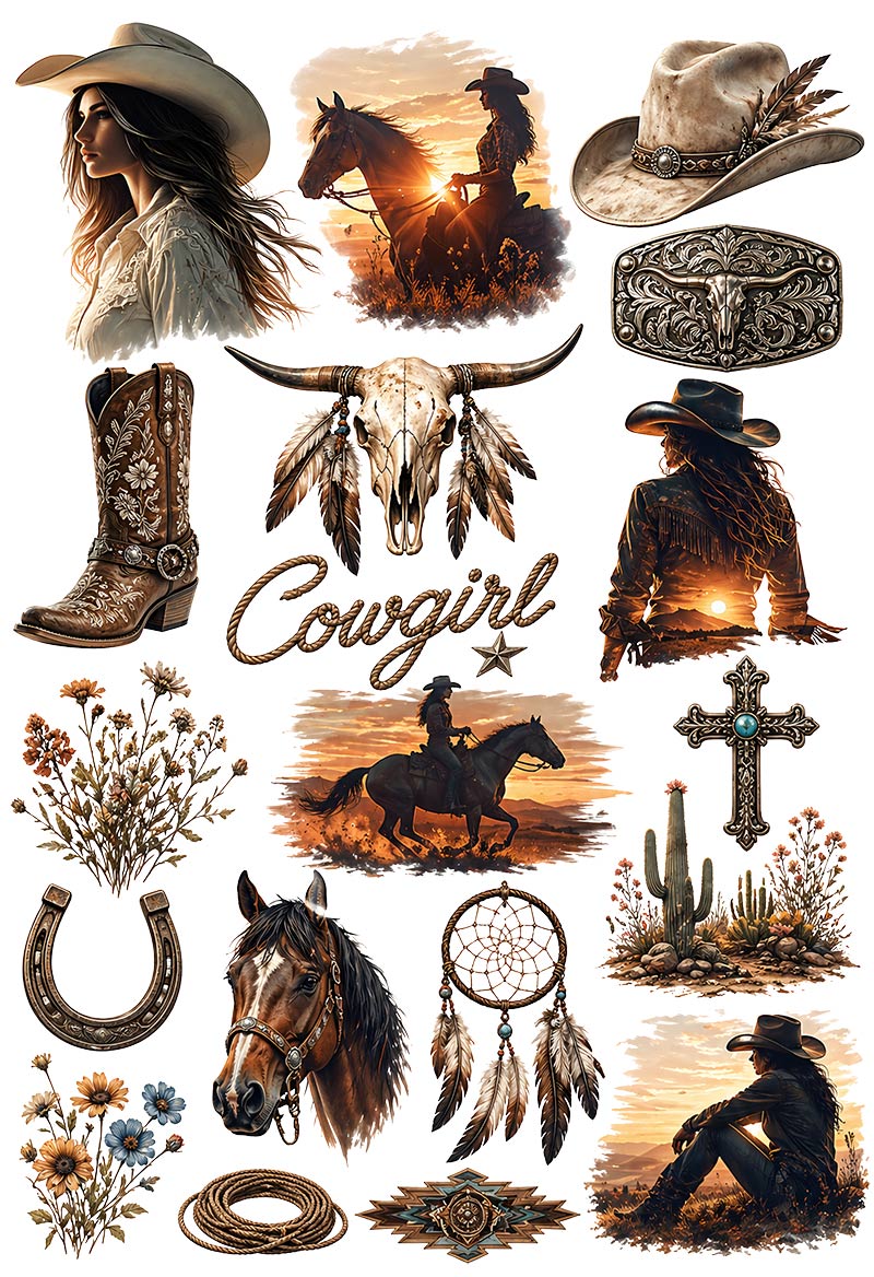 UVDTF 9.5 x 14 Element Sheet Western Cowgirl Sunset 1008
