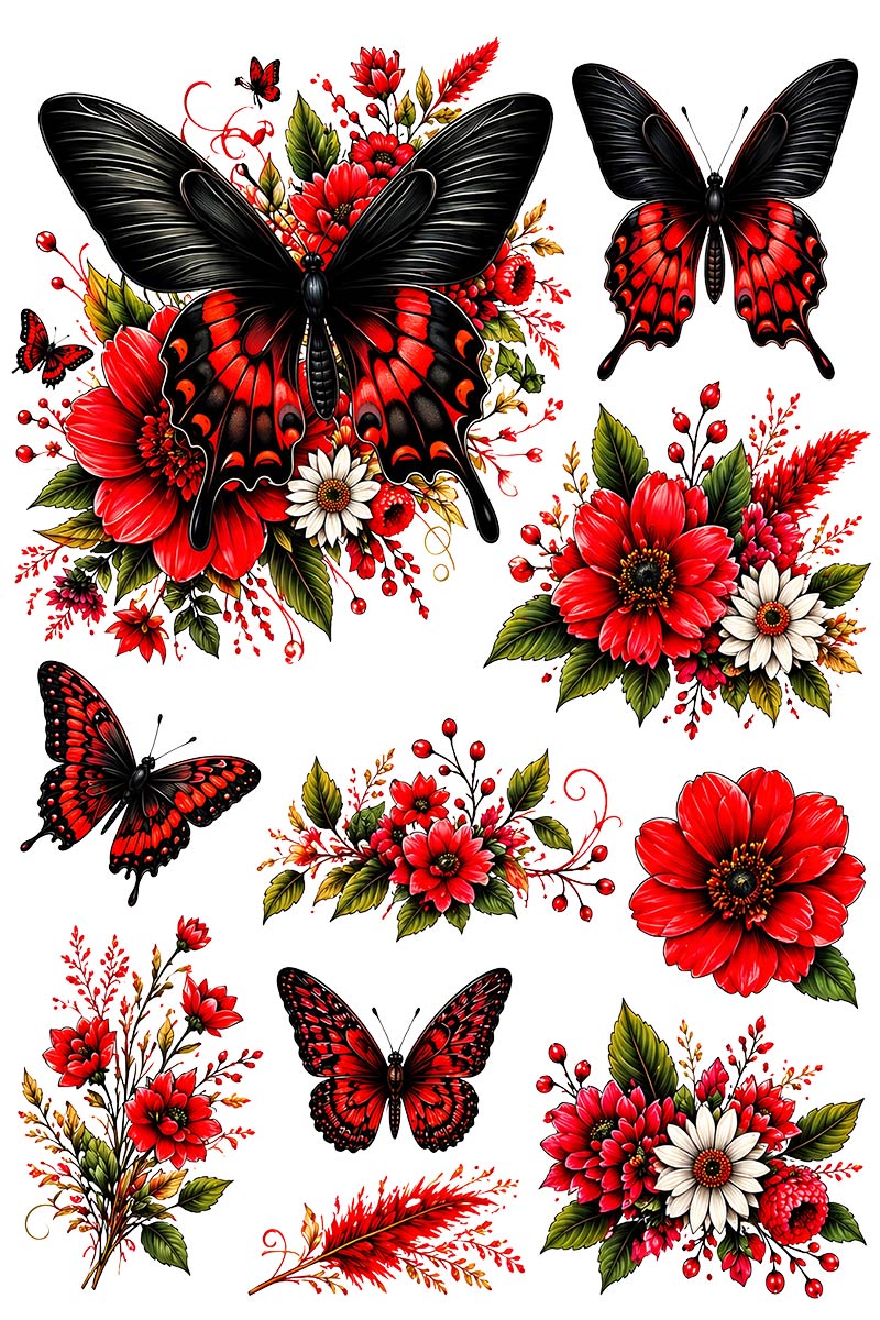 UVDTF 9.5 x 14 Element Sheet Red & Black Butterfly Florals 1043