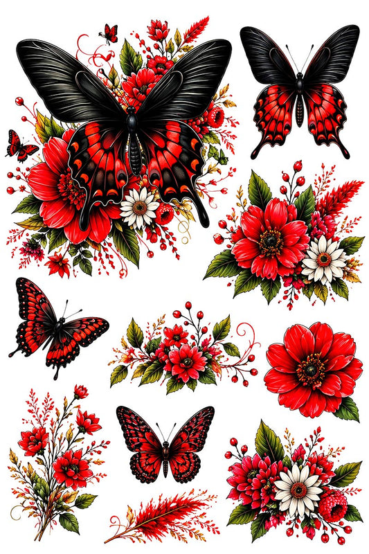 UVDTF 9.5 x 14 Element Sheet Red & Black Butterfly Florals 1043