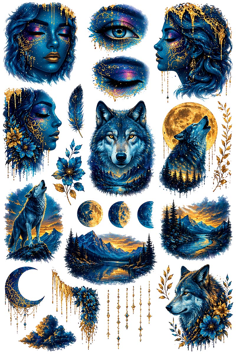 UVDTF 9.5 x 14 Element Sheet Blue Gold Wolves & Moon 1006