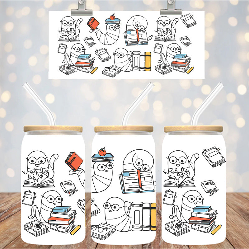 16 oz Uv Dtf Cup Wrap Book Worm Cute 1328