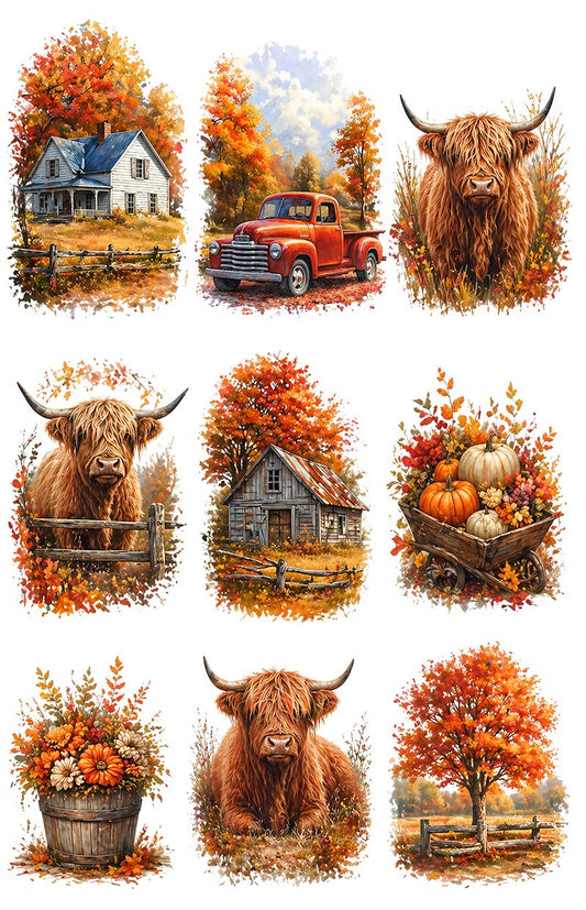 UVDTF 9.5 x 14 Element Sheet Highland Cow Autumn Farm 1014