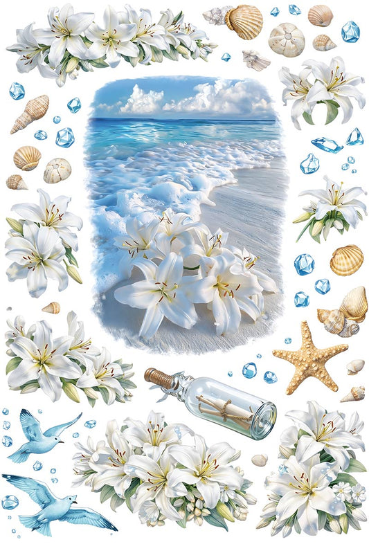 UVDTF 9.5 x 14 Element Sheet Coastal White Lilies & Seashells 931