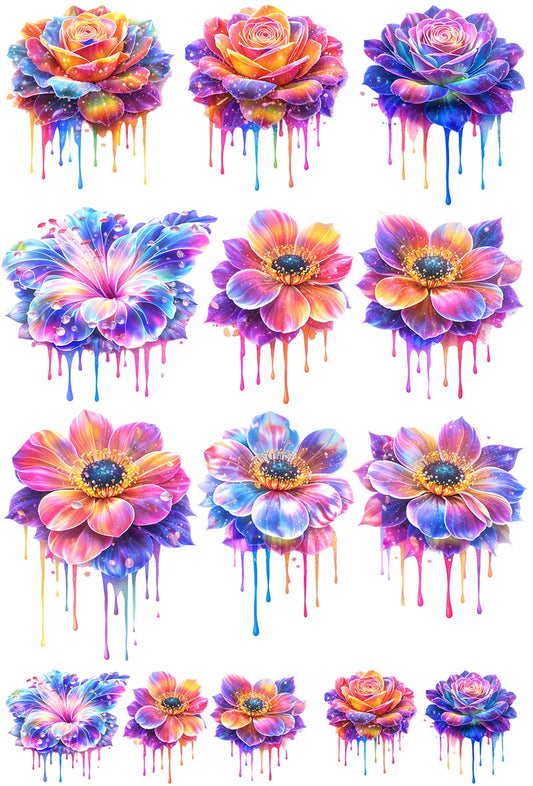 UVDTF 9.5 x 14 Element Sheet Rainbow Drip Flowers 855