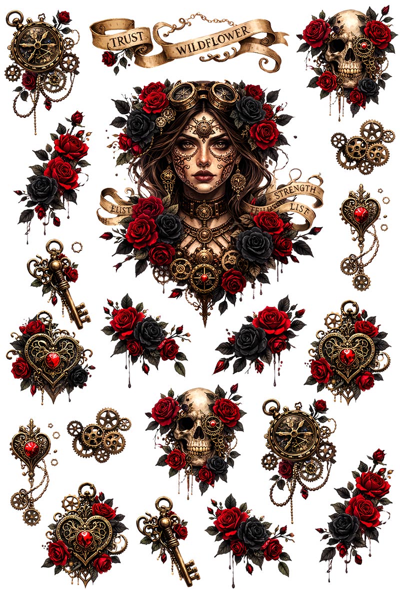 UVDTF 9.5 x 14 Element Sheet Steampunk Roses & Skulls 930