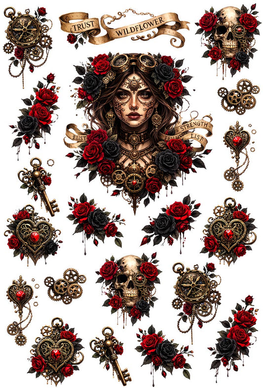 UVDTF 9.5 x 14 Element Sheet Steampunk Roses & Skulls 930