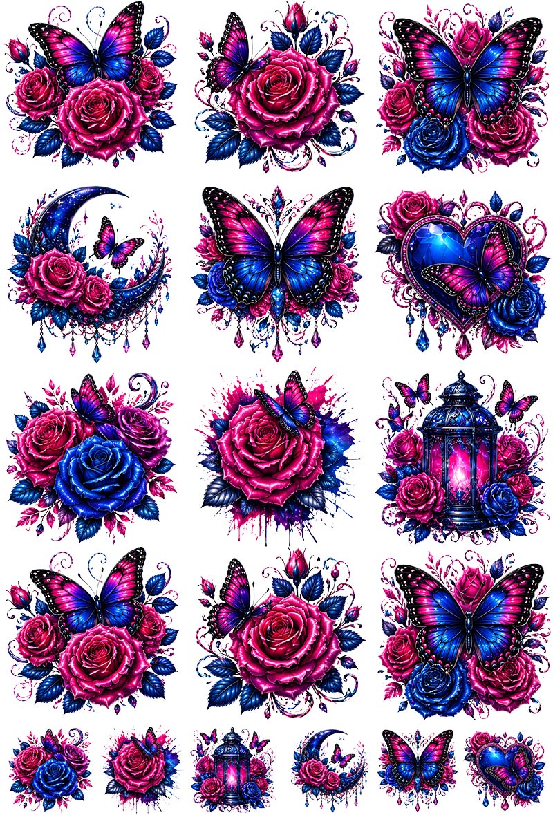 UVDTF 9.5 x 14 Element Sheet Butterflies & Roses Jewel Tones 845