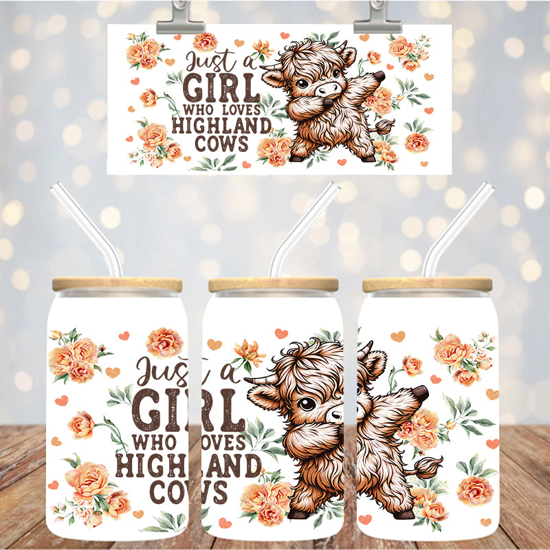 16 oz Uv Dtf Cup Wrap Just A Girl Highland Cows 1201