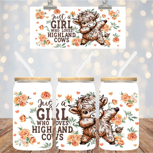 16 oz Uv Dtf Cup Wrap Just A Girl Highland Cows 1201