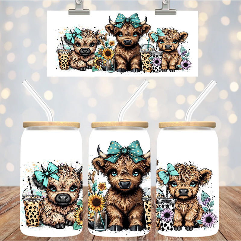 16 oz Uv Dtf Cup Wrap Highland Cows Iced Coffee 1202
