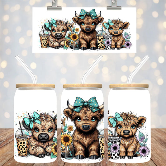 16 oz Uv Dtf Cup Wrap Highland Cows Iced Coffee 1202