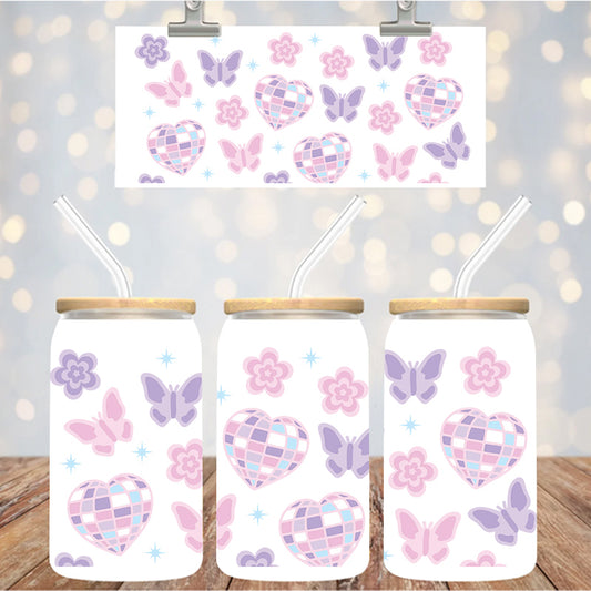 16 oz Uv Dtf Cup Wrap Disco hearts Butterflies Flowers 1209