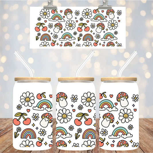 16 oz UvDtf Cup Wrap Rainbows Mushrooms floral cherries 1380