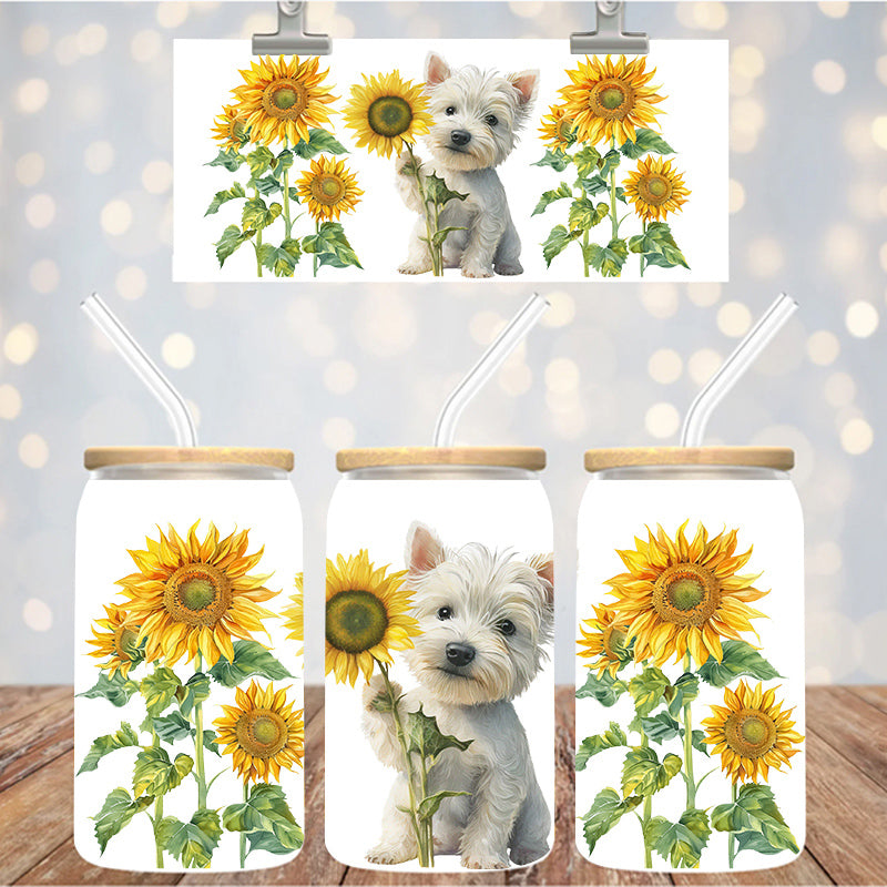 16 oz UvDtf Cup Wrap Cute Westie dog with Sunflowers 1414