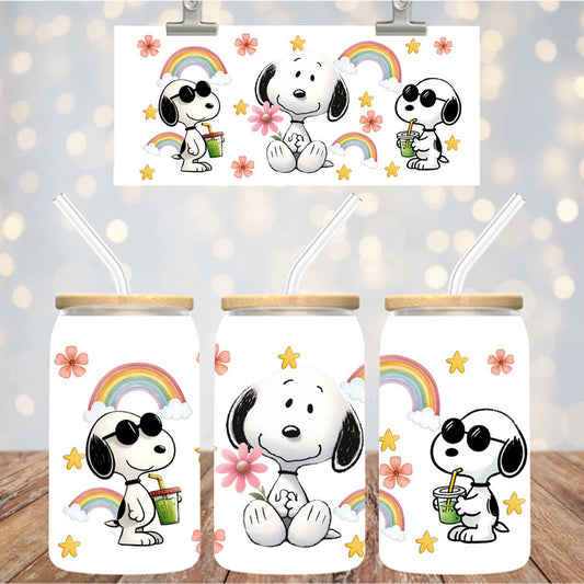 16 oz Uv Dtf Cup Wrap White Dog Rainbows 1245