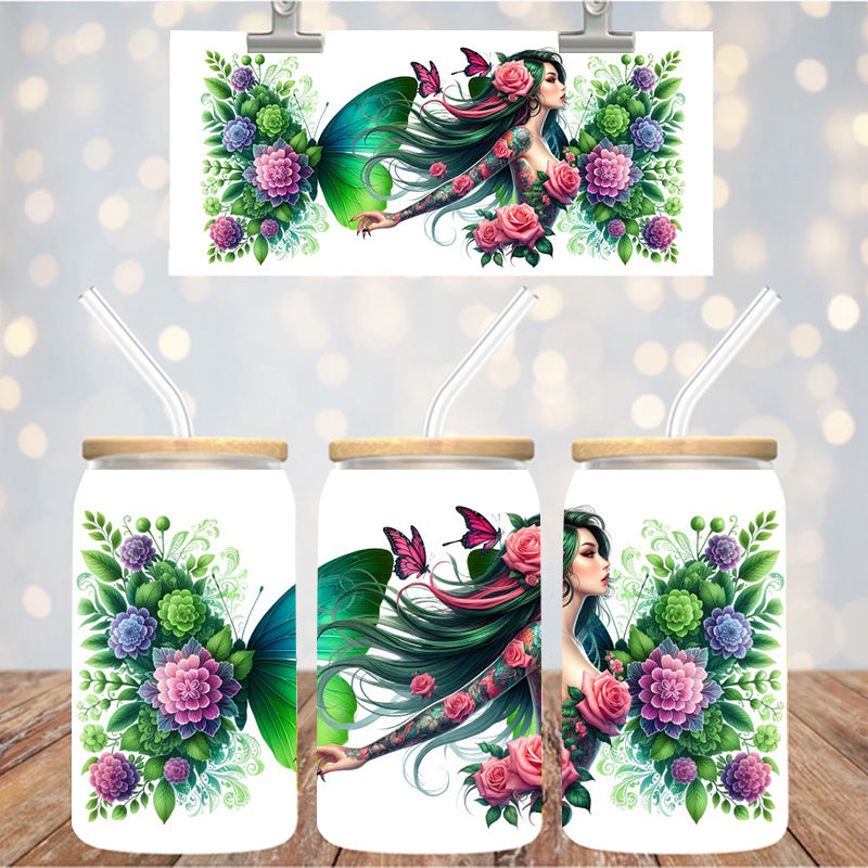 16 oz Uv Dtf Cup Wrap Woman Floral butterfly 1087